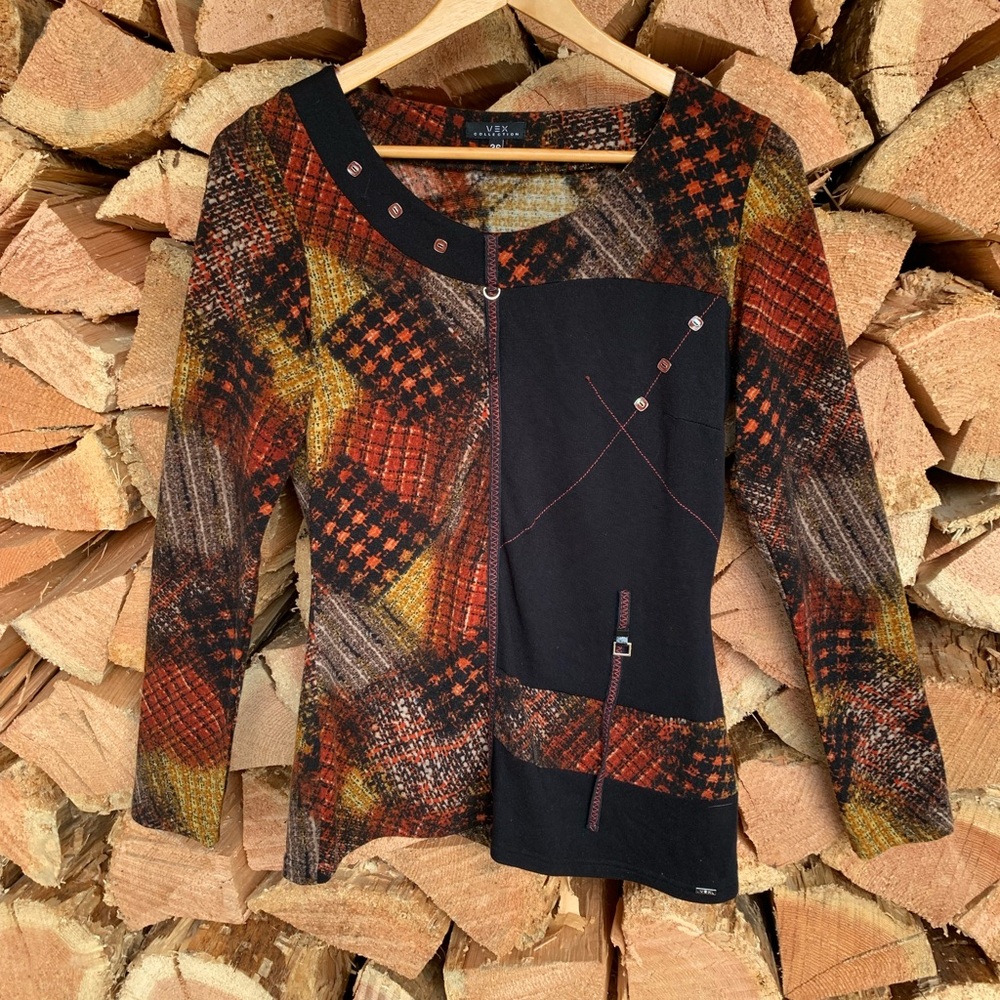 Boho‎ Abstract Top Women's Medium Black Orange Patchwork Avant Guard Unique Dark